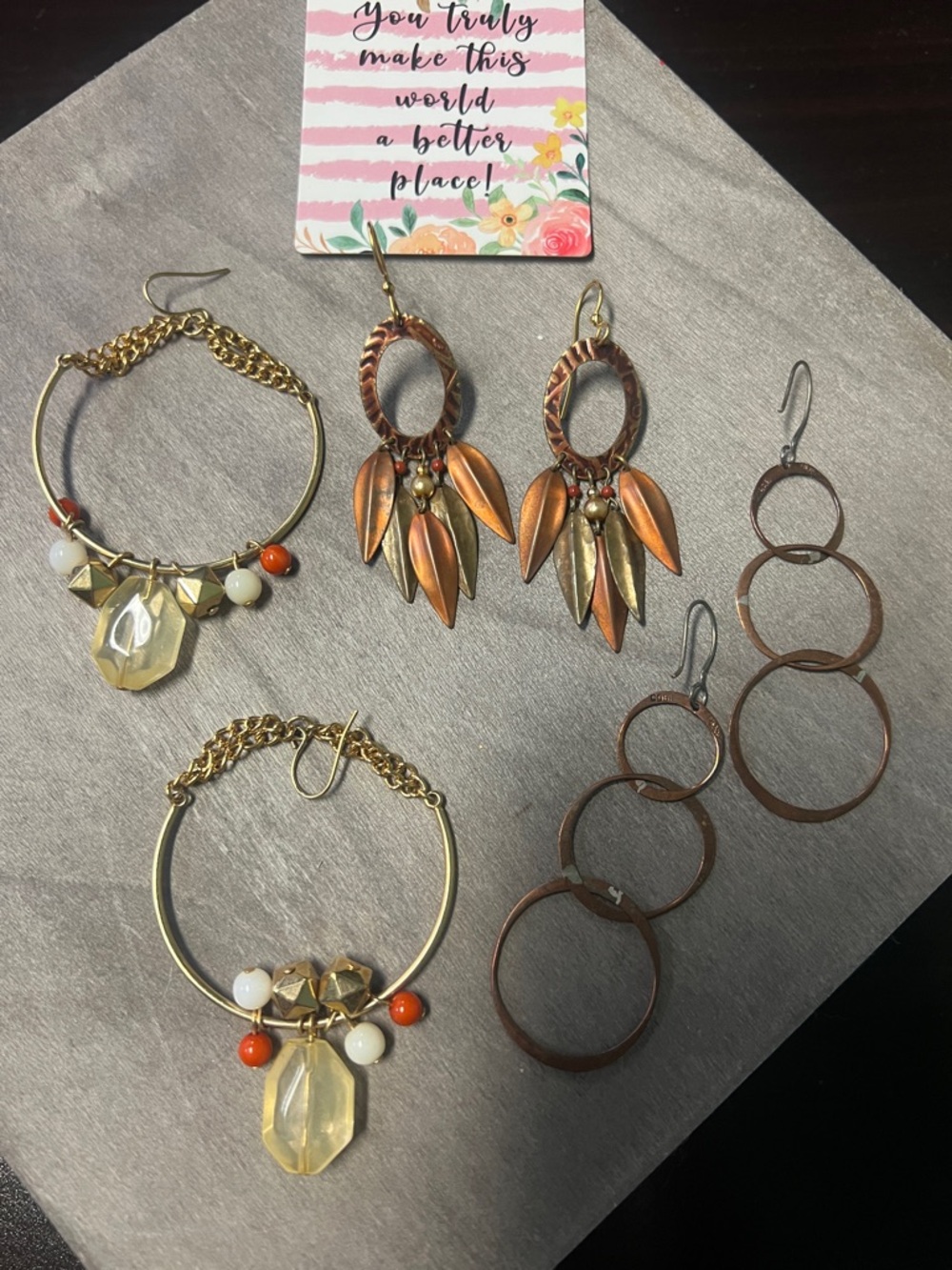 Gold and Copper Multi-Element Statement Earrings - dreamcatcher feathers boho